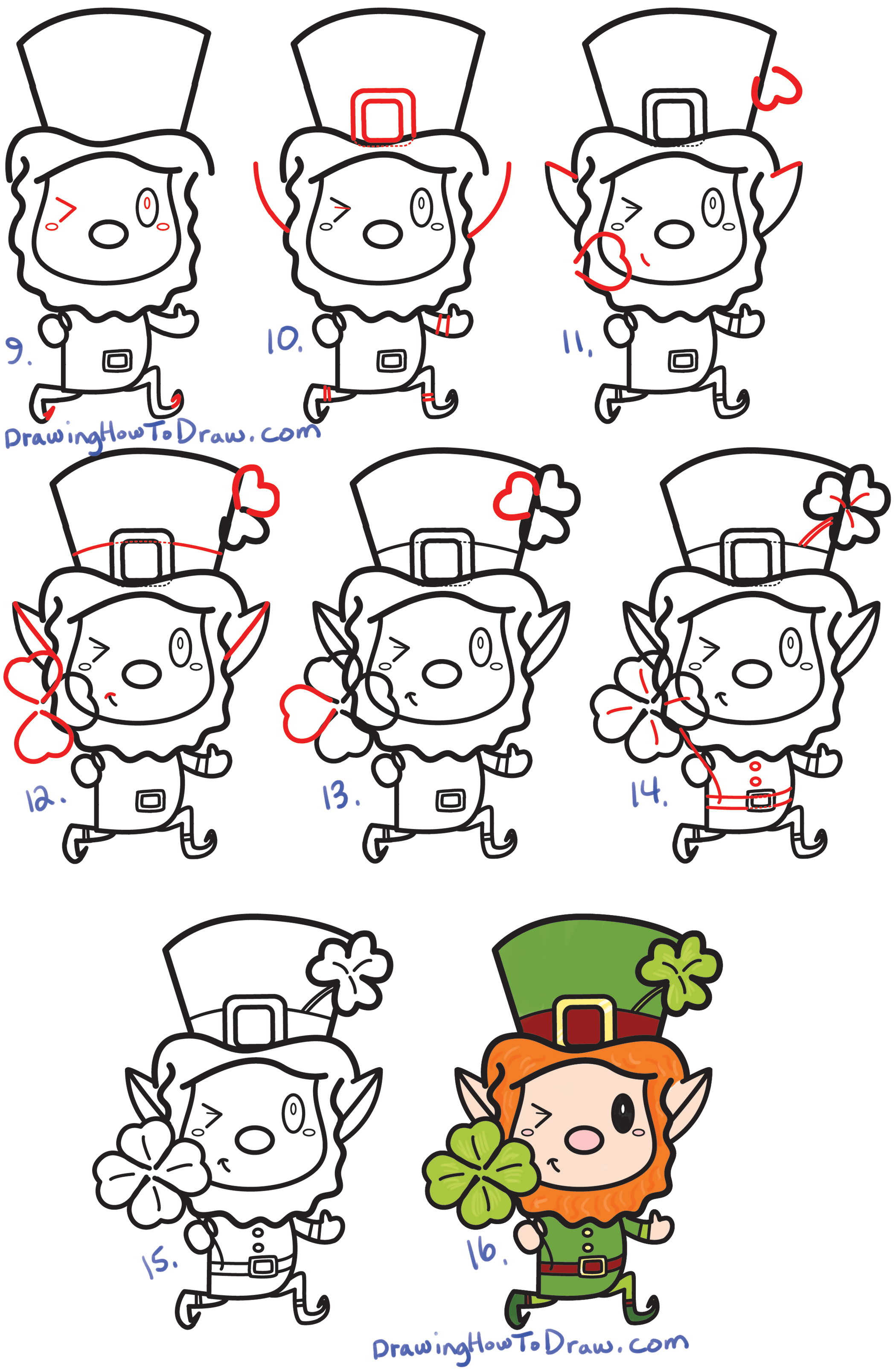 step by step instructions on how to draw a leprechaun