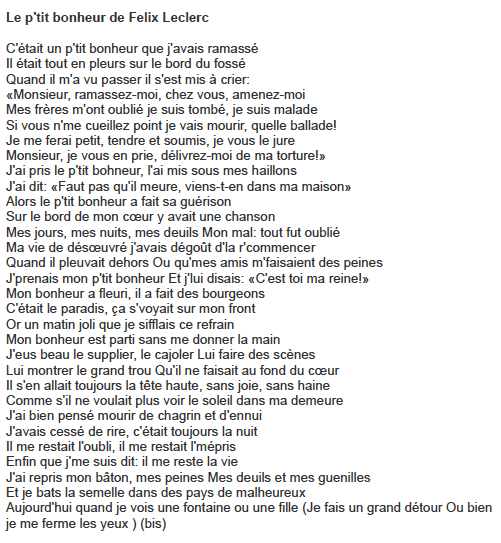 Le petit bonheur paroles pdf