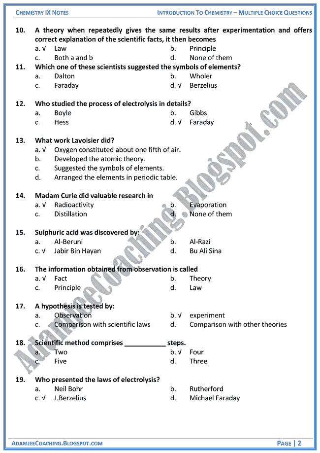 9th class chemistry mcqs pdf